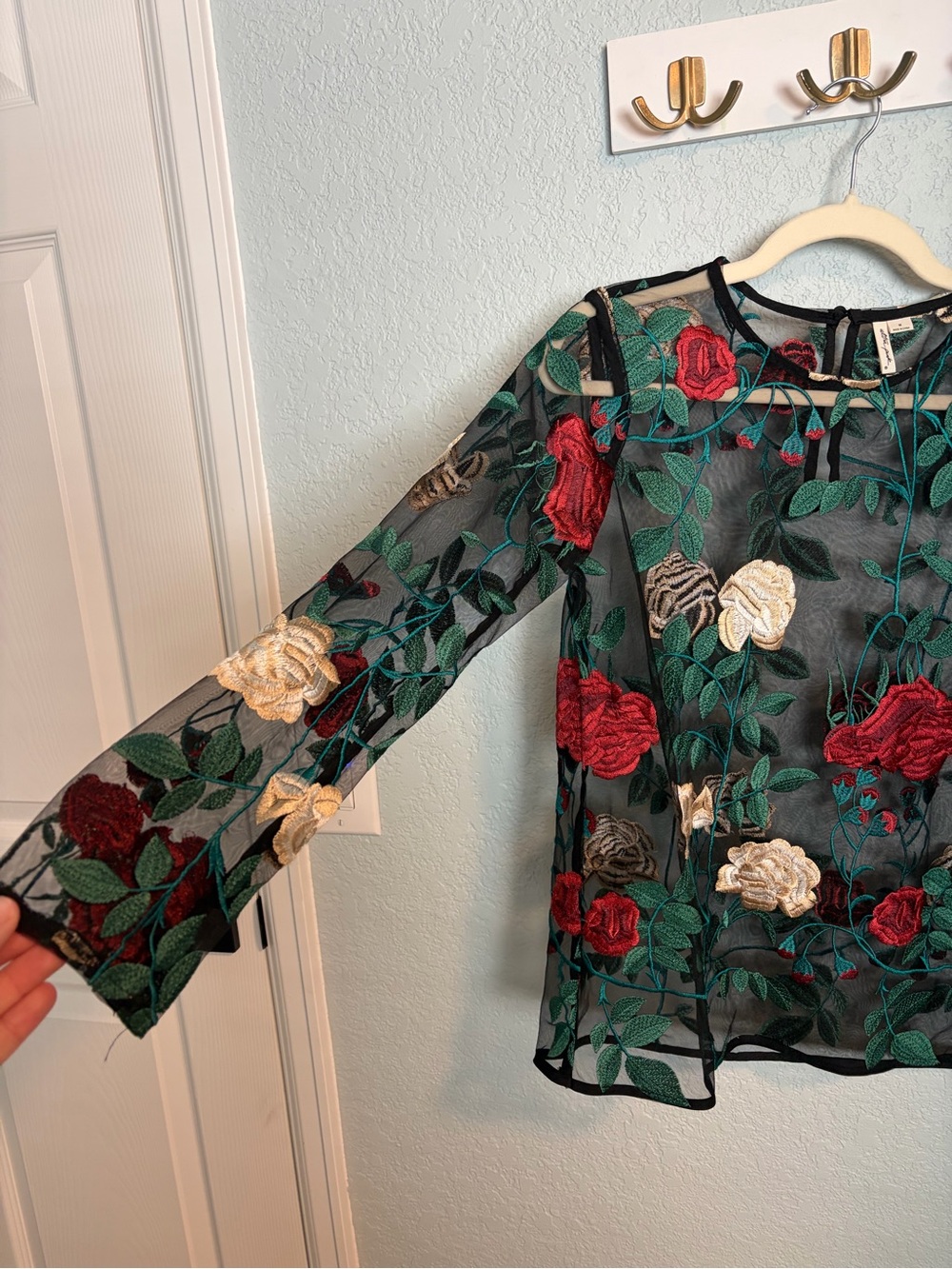 Ultra Pink Embroidered Floral Mesh Long-Sleeve Top Black with Red & Cream Roses - Picture 2 of 6